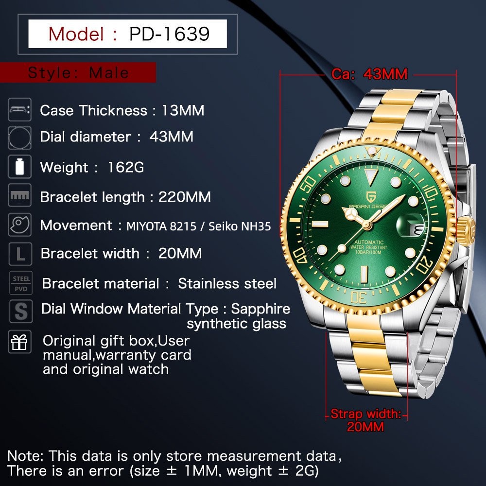 PAGANI 디자인 PD1639 남성용 자동 시계 43 - Rolex Watch Submariner 리뷰 및 가격